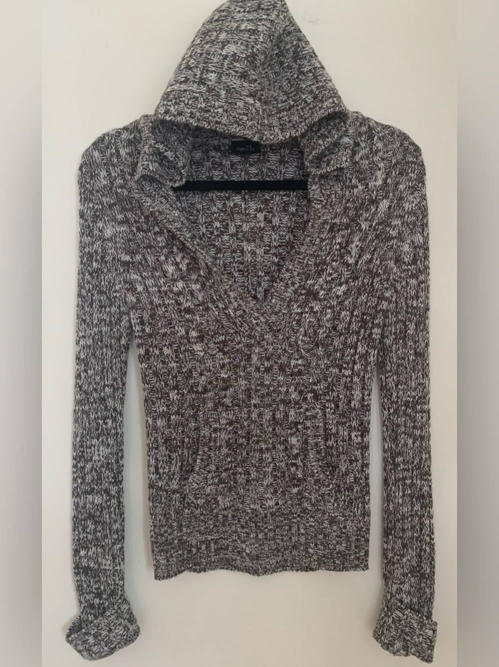 Rue 21 Brown V-Neck Cable Knit Hooded Sweater